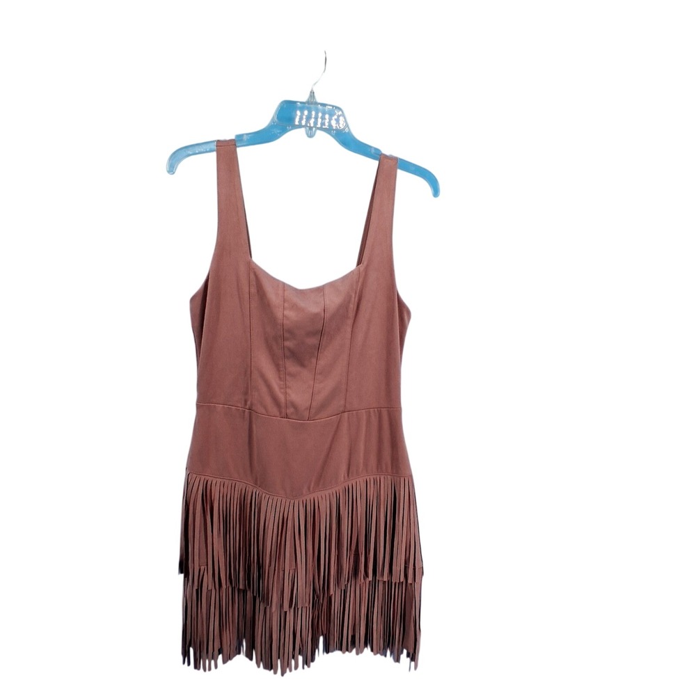Trixxi Dress Women Large Pink Blush Rose Faux Suede Fringe Mini Square Neck Boho